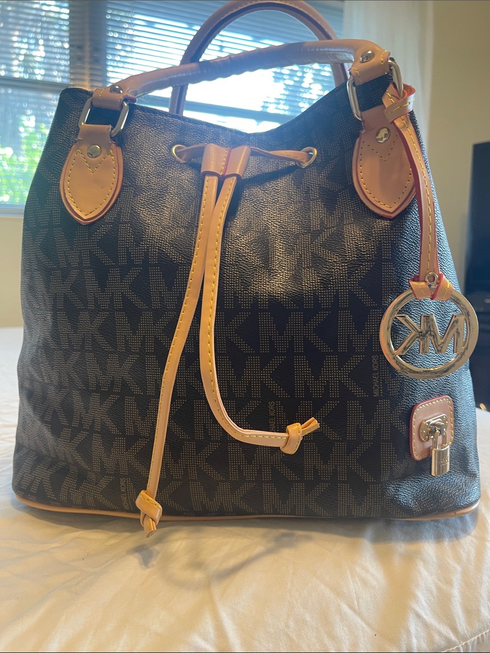 Michael Kors Black Logo Drawstring Shoulder Bag with Tan Trim